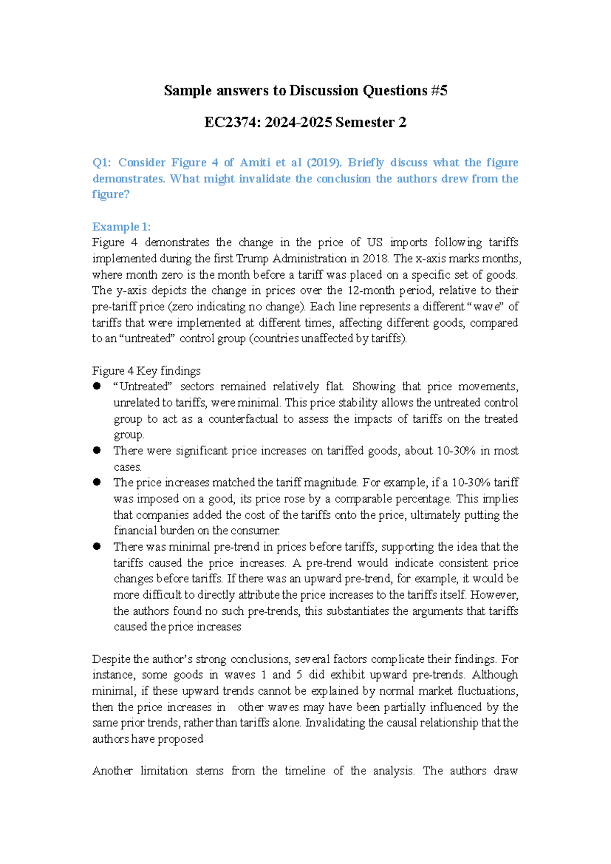 Assignment 5 Example Answers EC2374: Discussion on Tariffs and Price ...