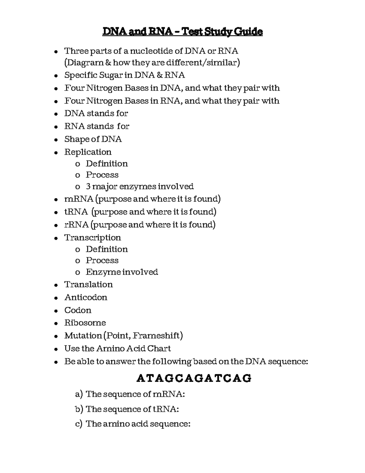 DNA & RNA Study Guide (BIO 101 - Final Exam Review) - Studocu