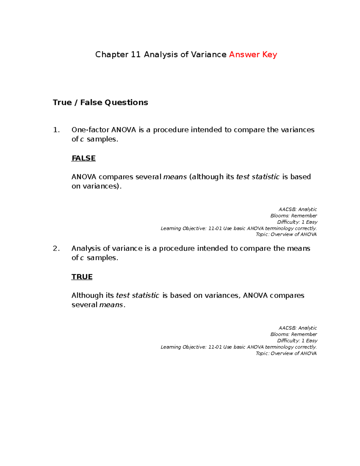 SB Test Bank Chapter 11 - Answer Key for ANOVA Concepts and Questions ...