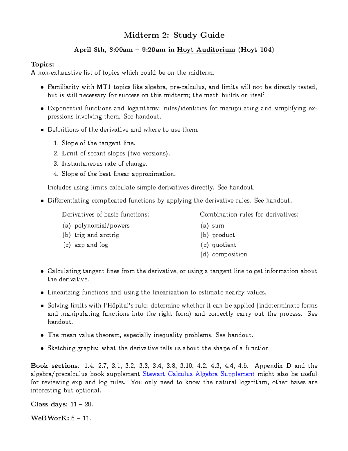 Midterm 2 Study Guide: Key Topics in Calculus and Derivatives - Midterm ...