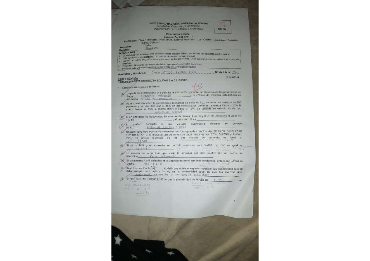 Examen Parcial de Estadística General EG 2023 I - Universidades Agrarias - Document Preview