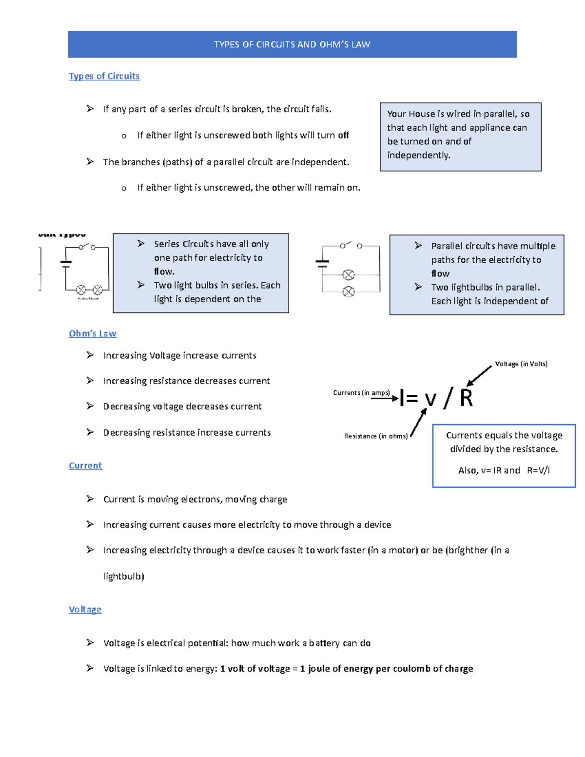 Types of Circuits and Ohm's Law: Key Concepts and Formulas - Studocu