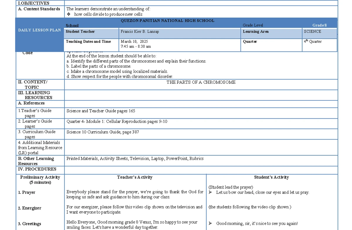 Daily Lesson Plan for Biomolecules - Science 10 (Quarter 4) - Studocu