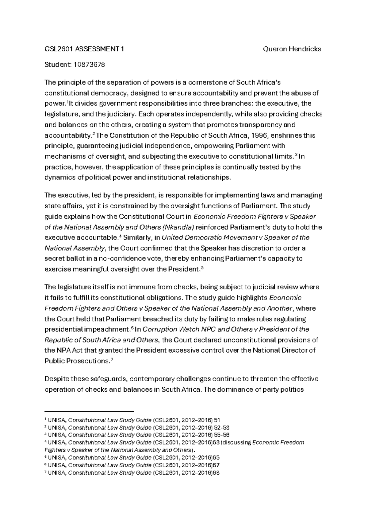 CSL2601 Assessment 1: The Separation of Powers in SA Democracy - Studocu