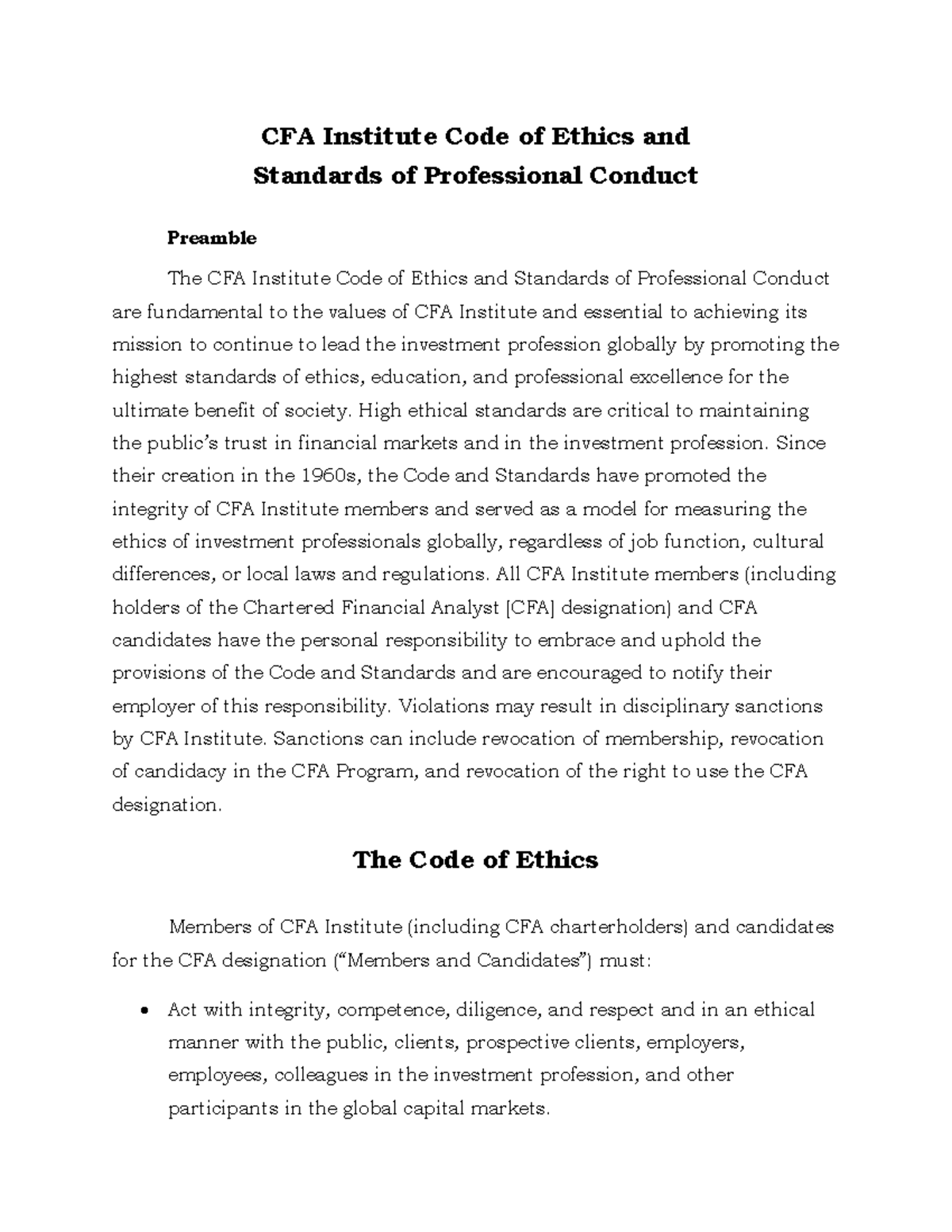 CFA Institute Code of Ethics & Standards of Professional Conduct - Studocu