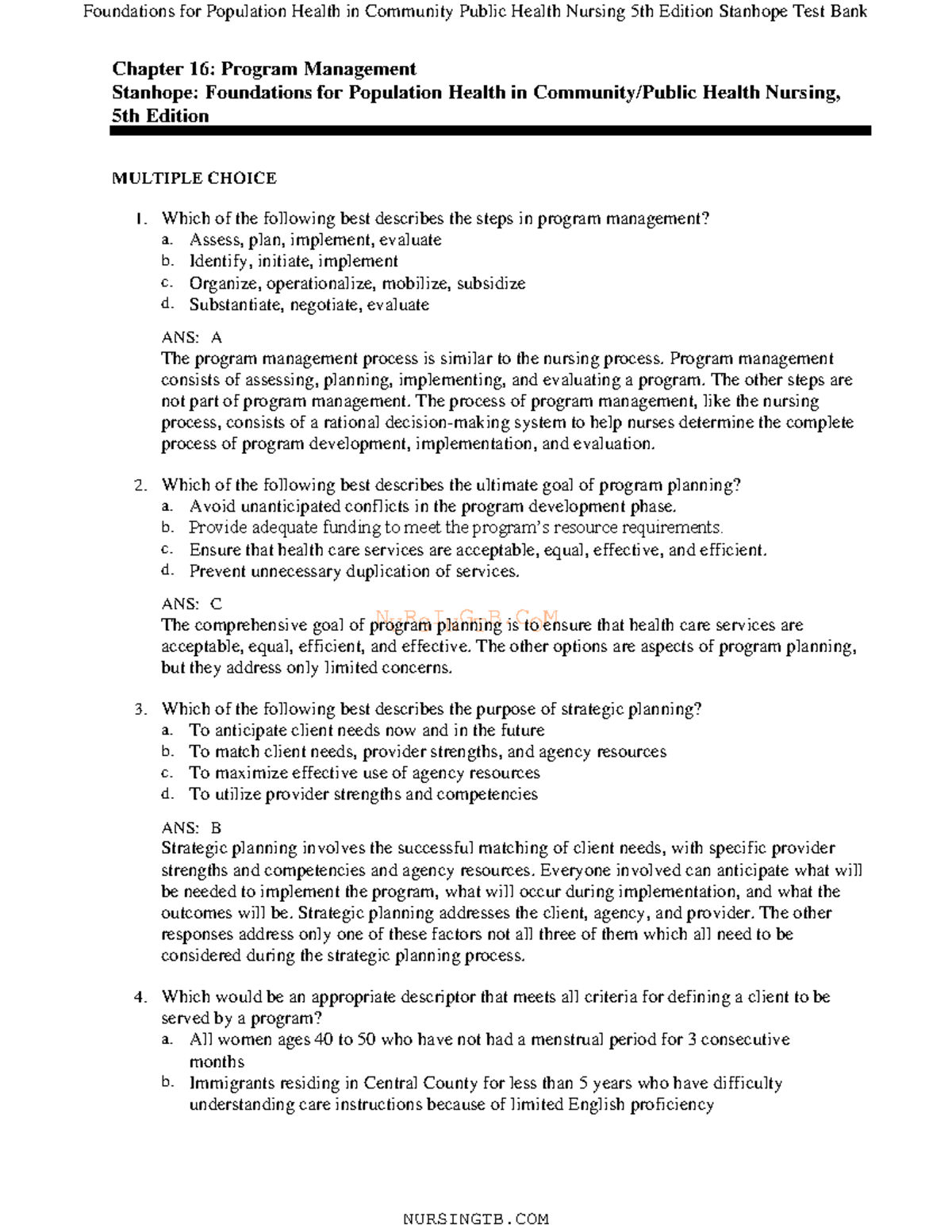 NURS 620 - Chapter 16 Test Bank: Program Management Concepts - Studocu