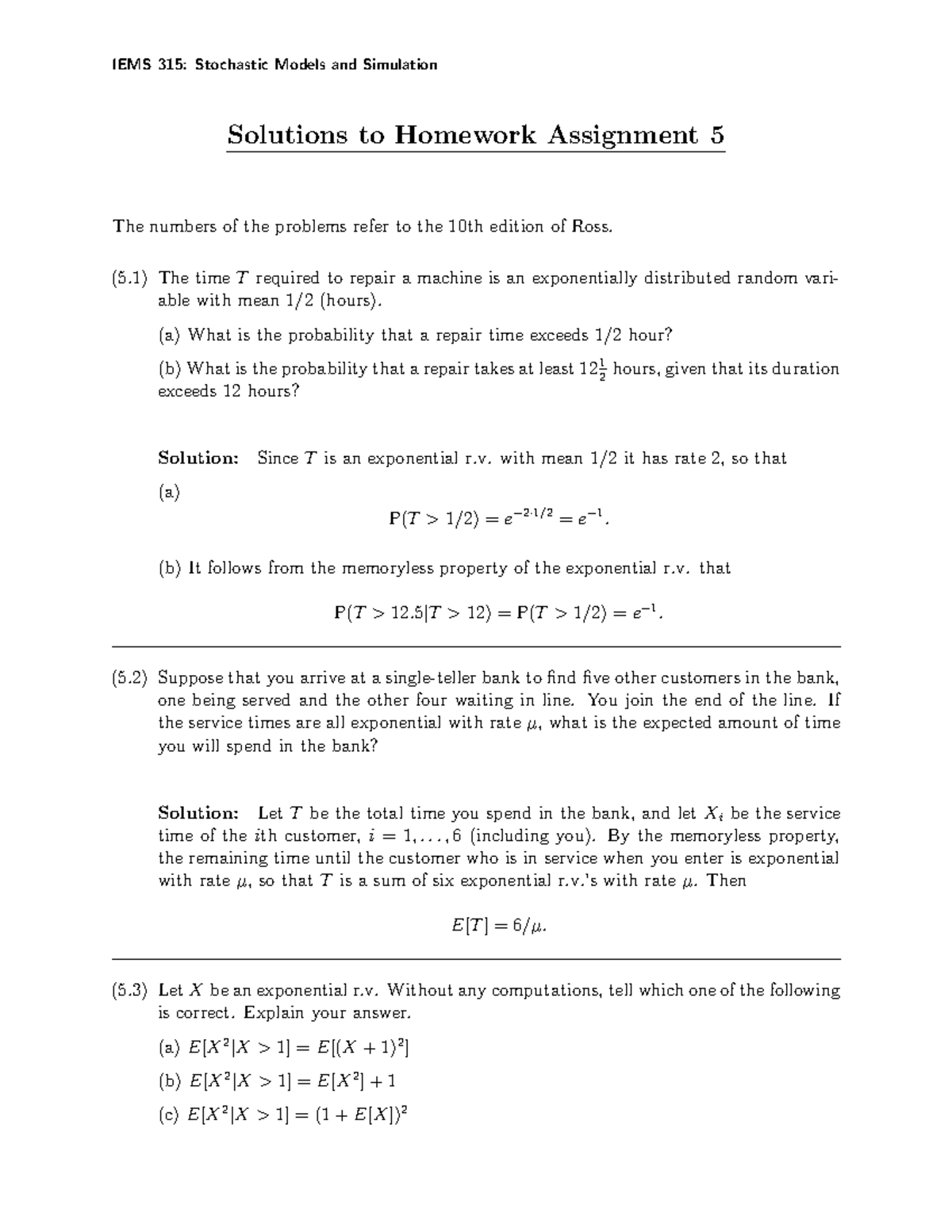 IEMS 315: Fall 2015 HW5 Solutions for Stochastic Models & Simulation ...