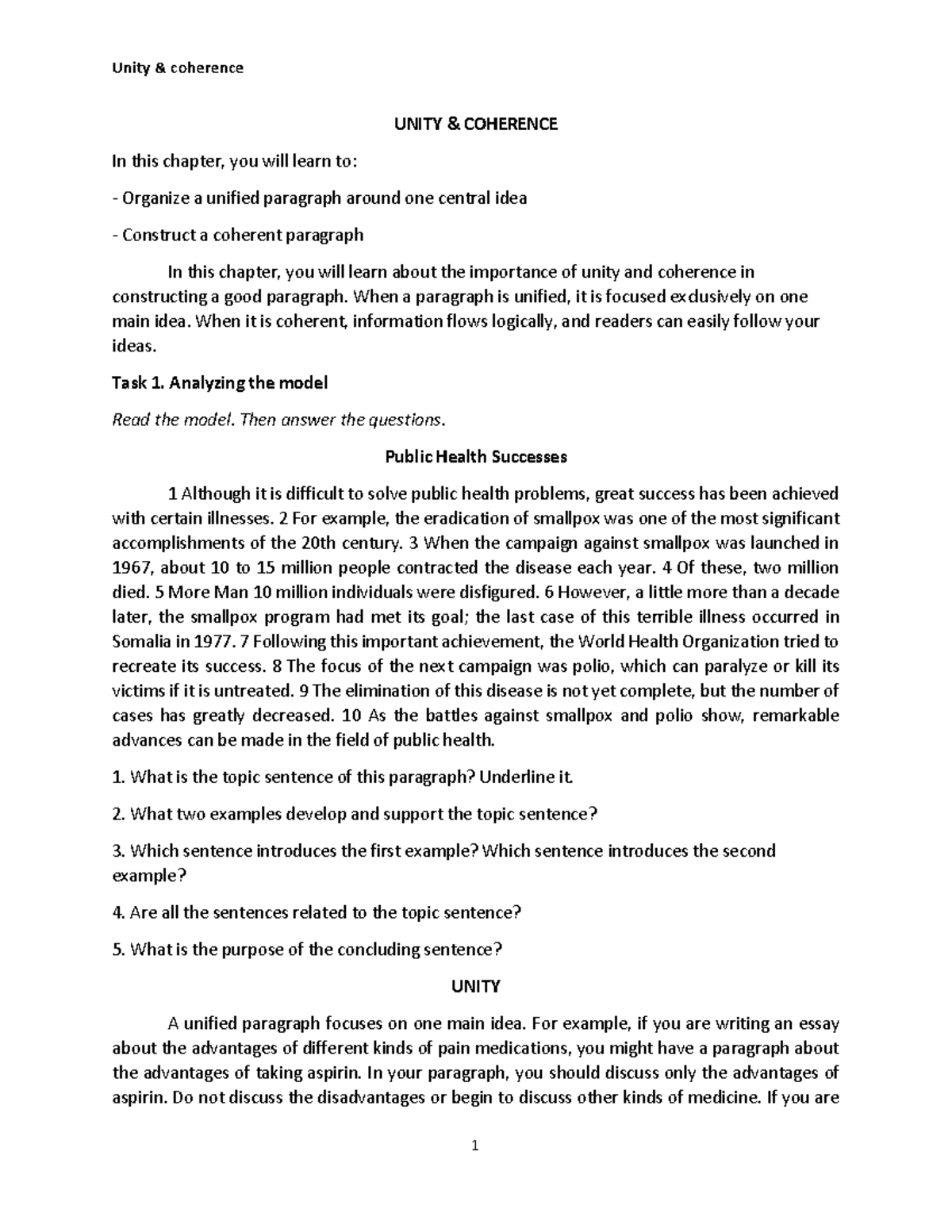 Unit 2: Unity and Coherence in Paragraph Writing - Studocu