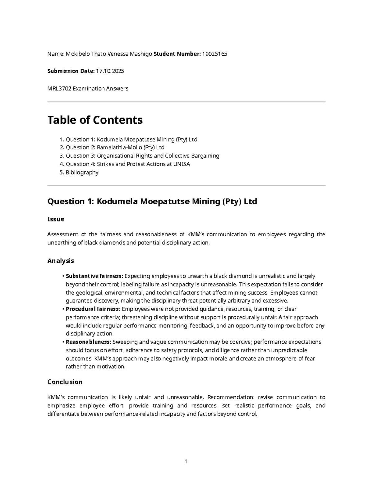 MRL3702 Final Exam Answers: Labour Relations and Employee Rights - Studocu