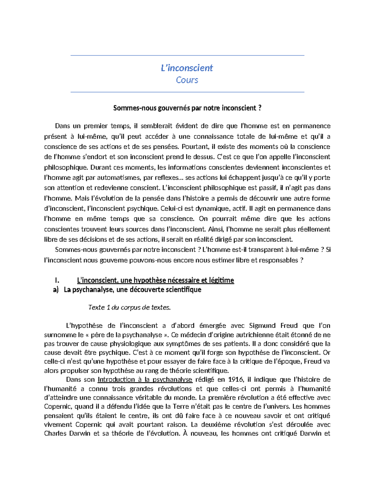 Cours - L'inconscient : Analyse de Freud et ses critiques - Studocu
