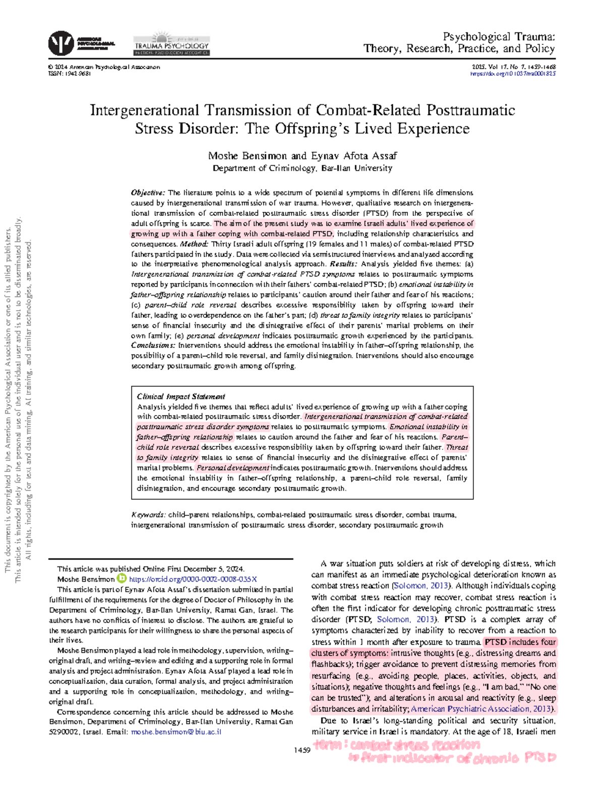 Intergenerational Transmission of PTSD: Insights from Israeli Offspring ...