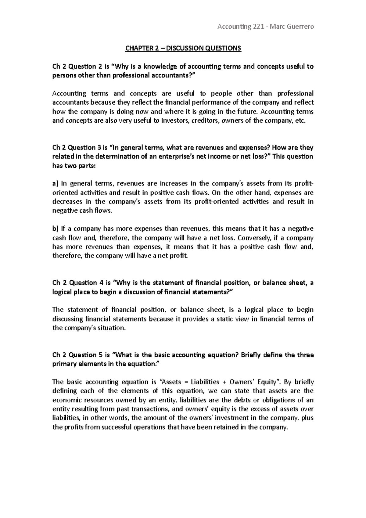 Ch2 - Discussion Questions - Accounting 221 - Marc Guerrero CHAPTER 2 ...