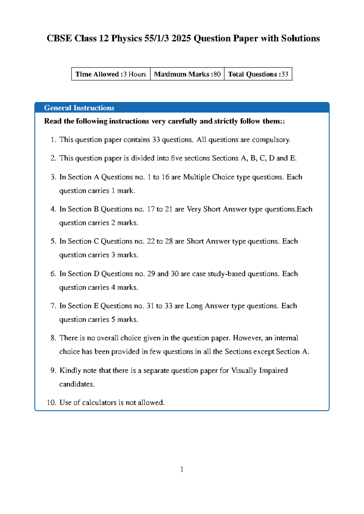 CBSE Class 12 Physics 2025 Question Paper with Solutions - Studocu