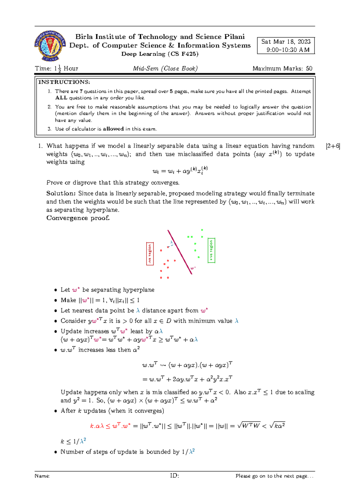 CS F425 Mid Semester Exam: Deep Learning Question Paper - Studocu