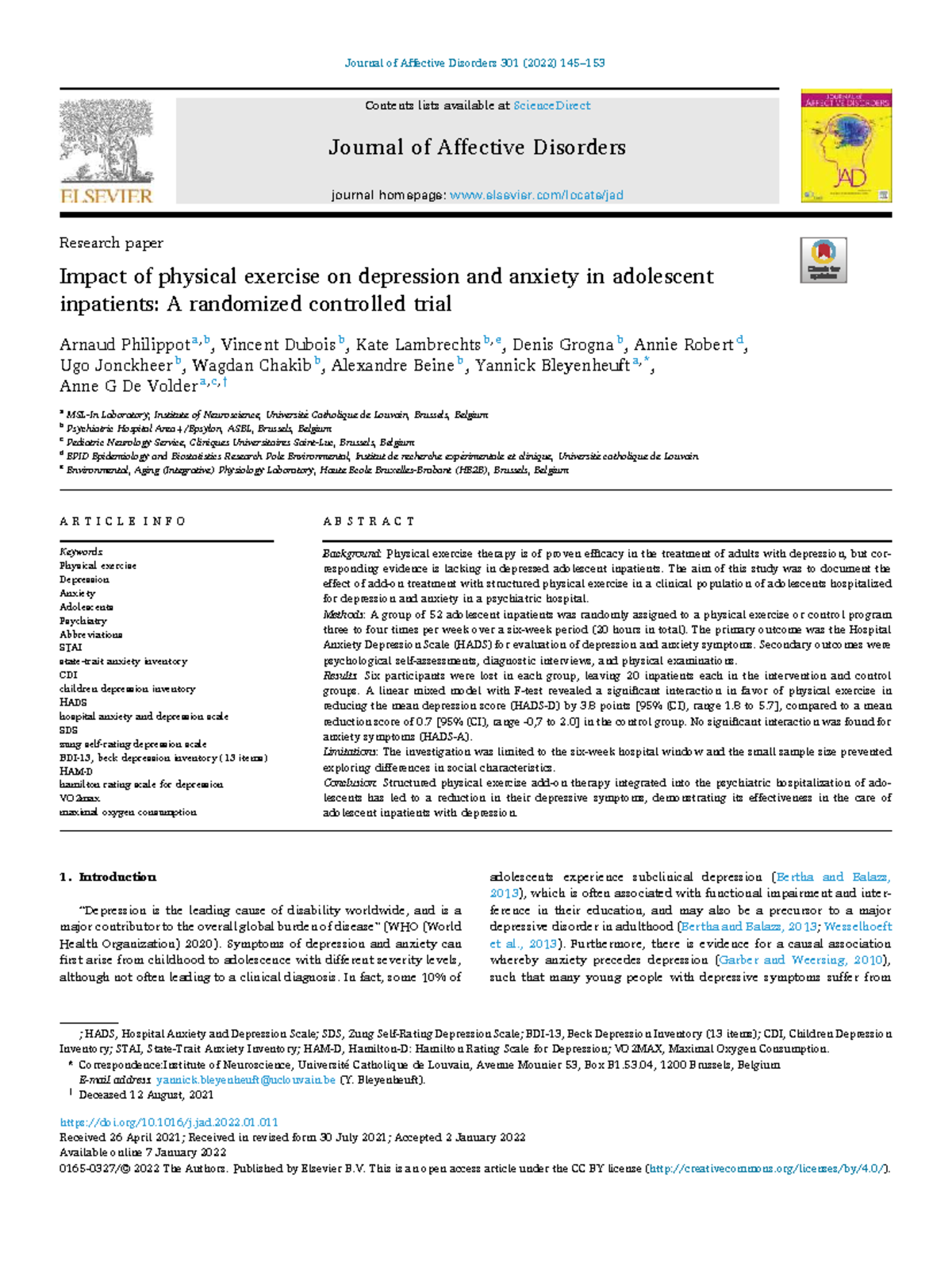 Impact of Physical Exercise on Depression & Anxiety in Adolescents: A ...