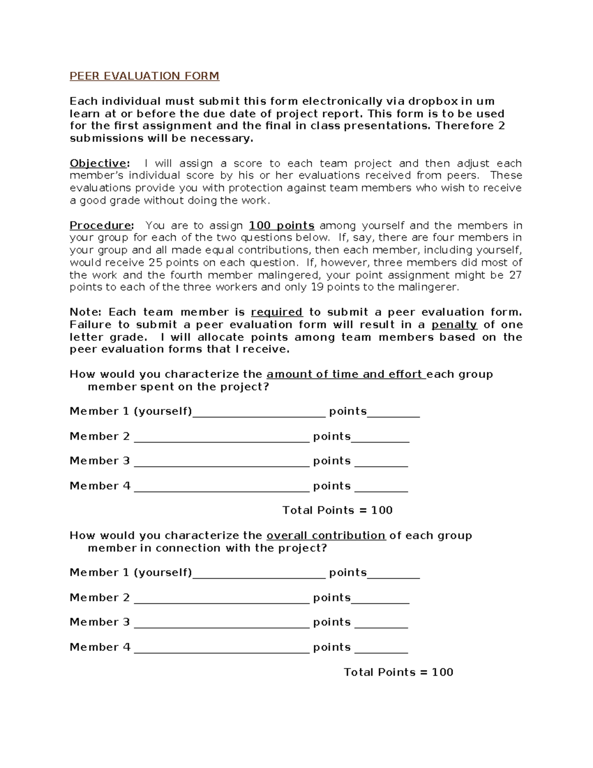 PEER Evaluation Form for Project Report Submission - Studocu