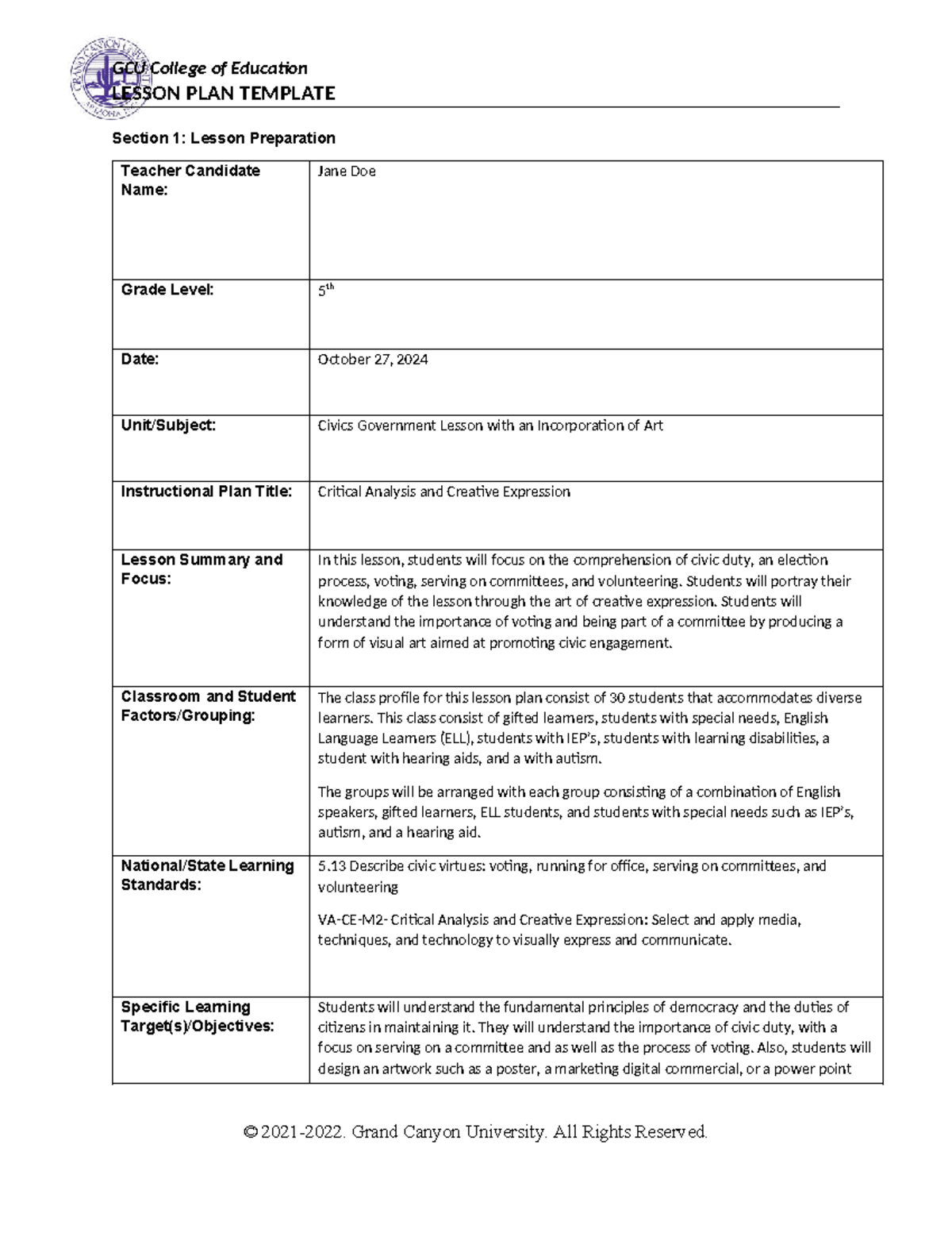 GCU ELM-351 Lesson Plan: Civic Engagement through Art & Voting - Studocu