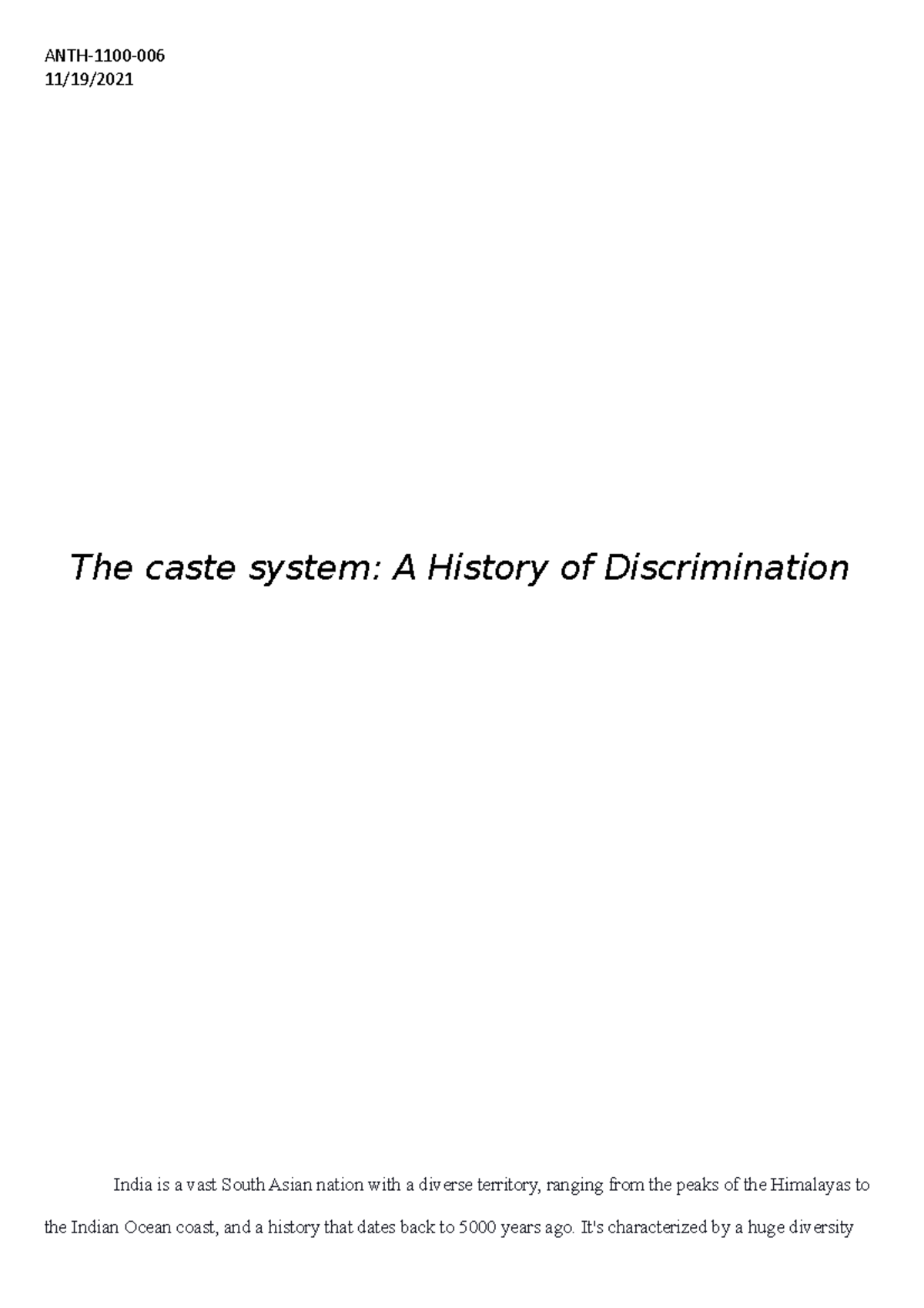 ANTH-1100: Discrimination in History – The Caste System in India - Studocu