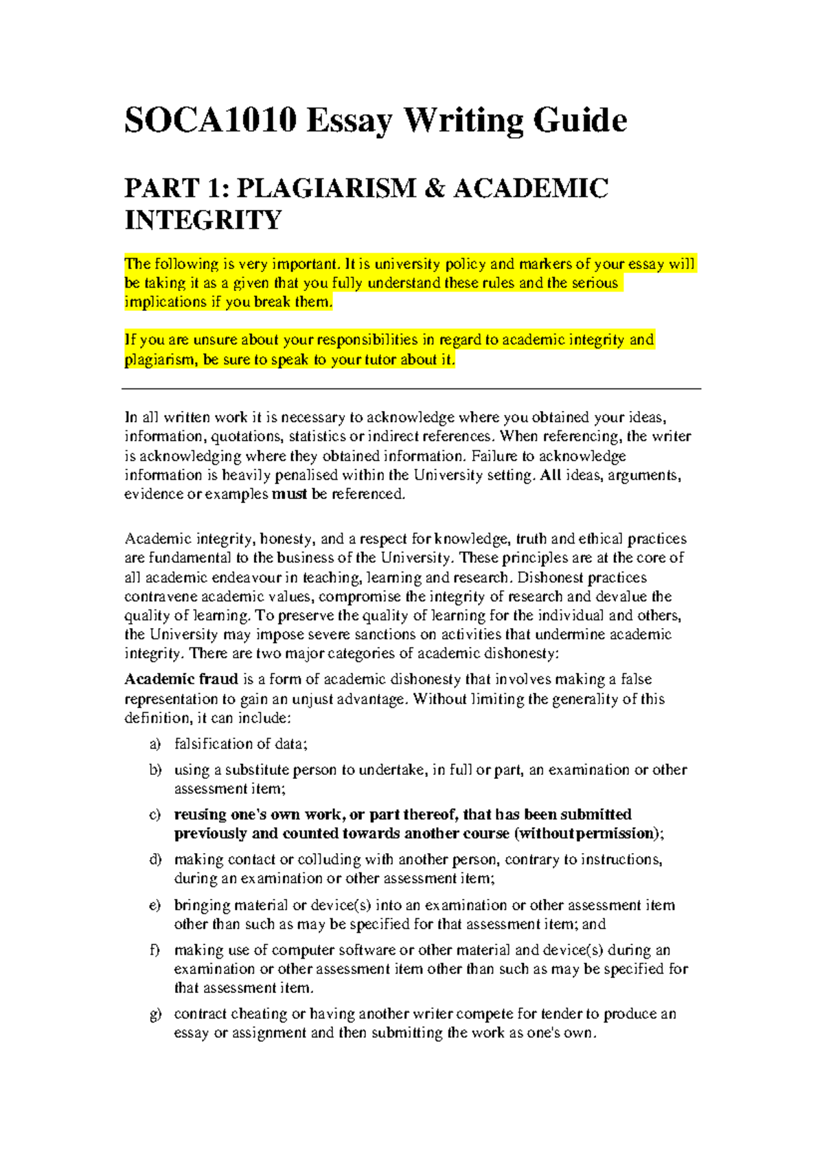 SOCA1010 Essay Writing Guide: Plagiarism & Academic Integrity - Studocu