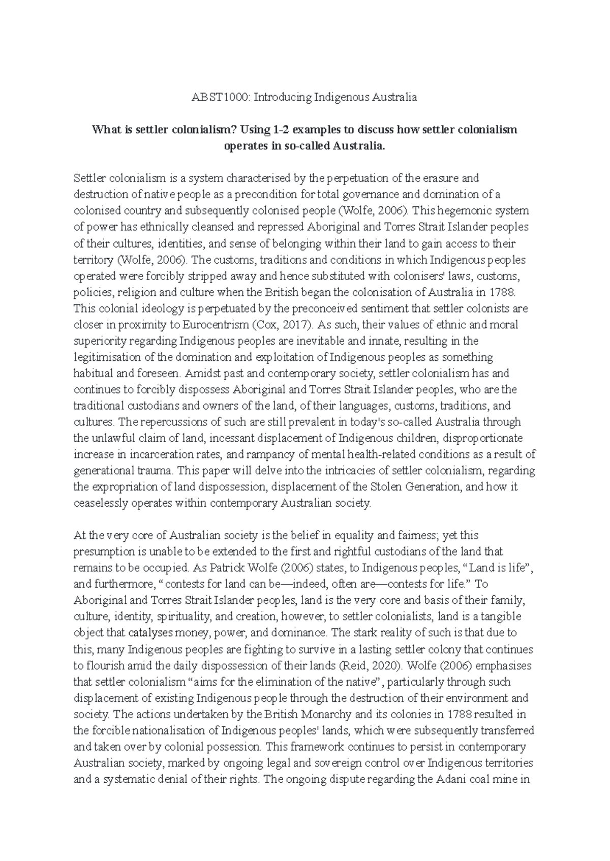 ABST1000 Major Essay: Understanding Settler Colonialism in Australia ...