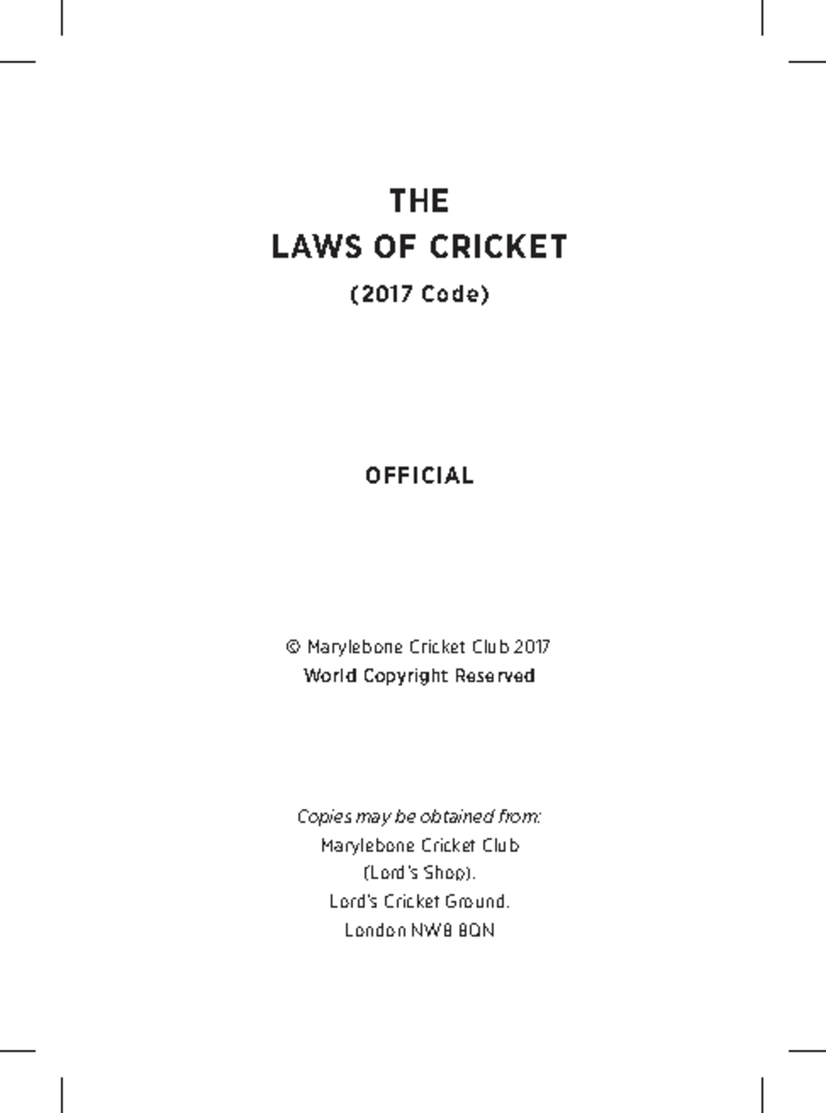 MCC Laws of Cricket (2017 Code) - Official Document - Studocu