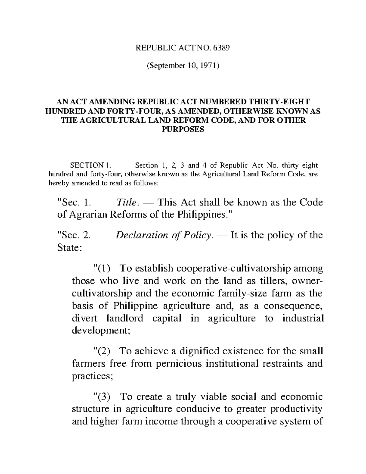RA 6389: Amendments to the Agrarian Reform Code Explained - Studocu