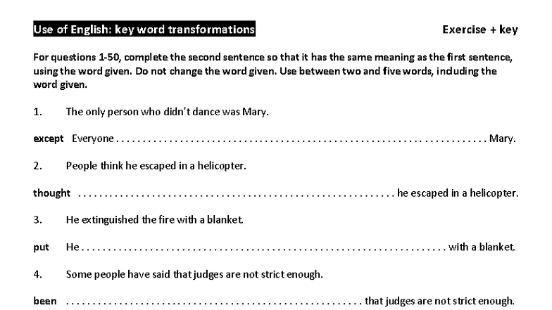 Key Word Transformations Exercise Key (ENG 101) - Studocu