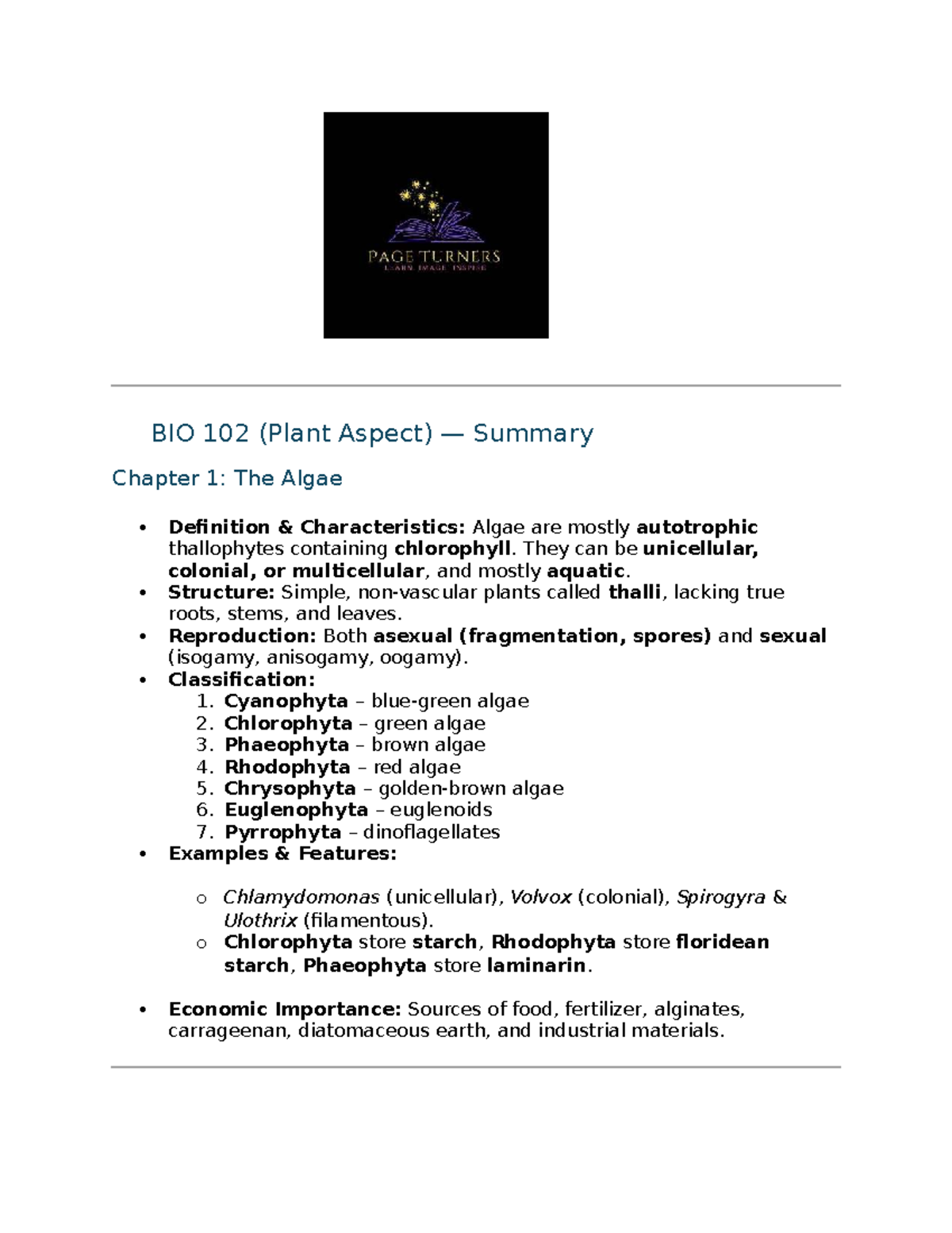 BIO 102 Summary: Key Concepts in Plant Biology Chapters 1-4 - Studocu