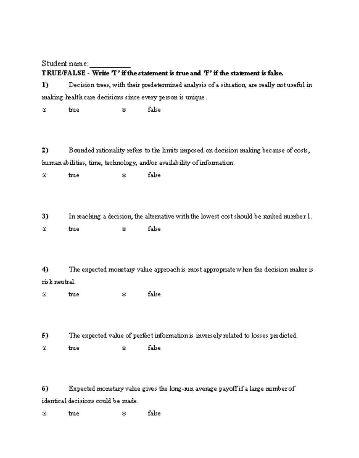 Chapter 05S Test Bank: Decision Making Under Uncertainty and Risk - Studocu