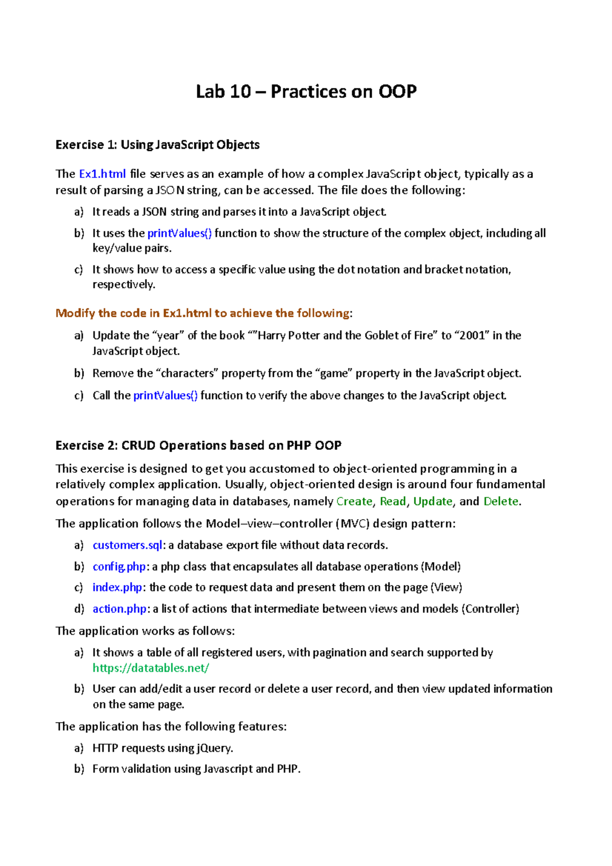 Lab 10 - OOP Practices: JavaScript Objects & PHP CRUD Operations - Studocu