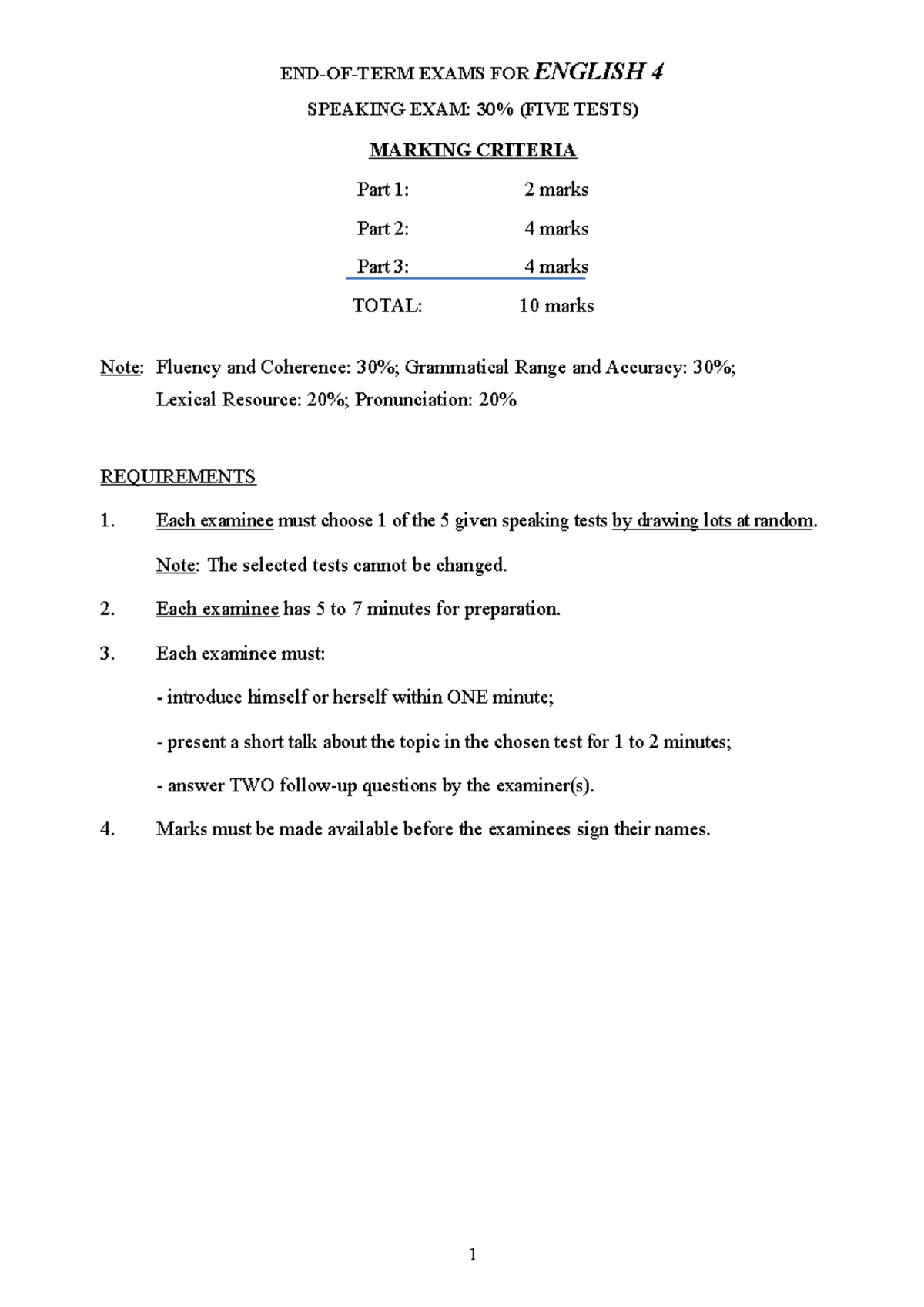Speaking tests for english 4 - END-OF-TERM EXAMS FOR ENGLISH 4 SPEAKING ...