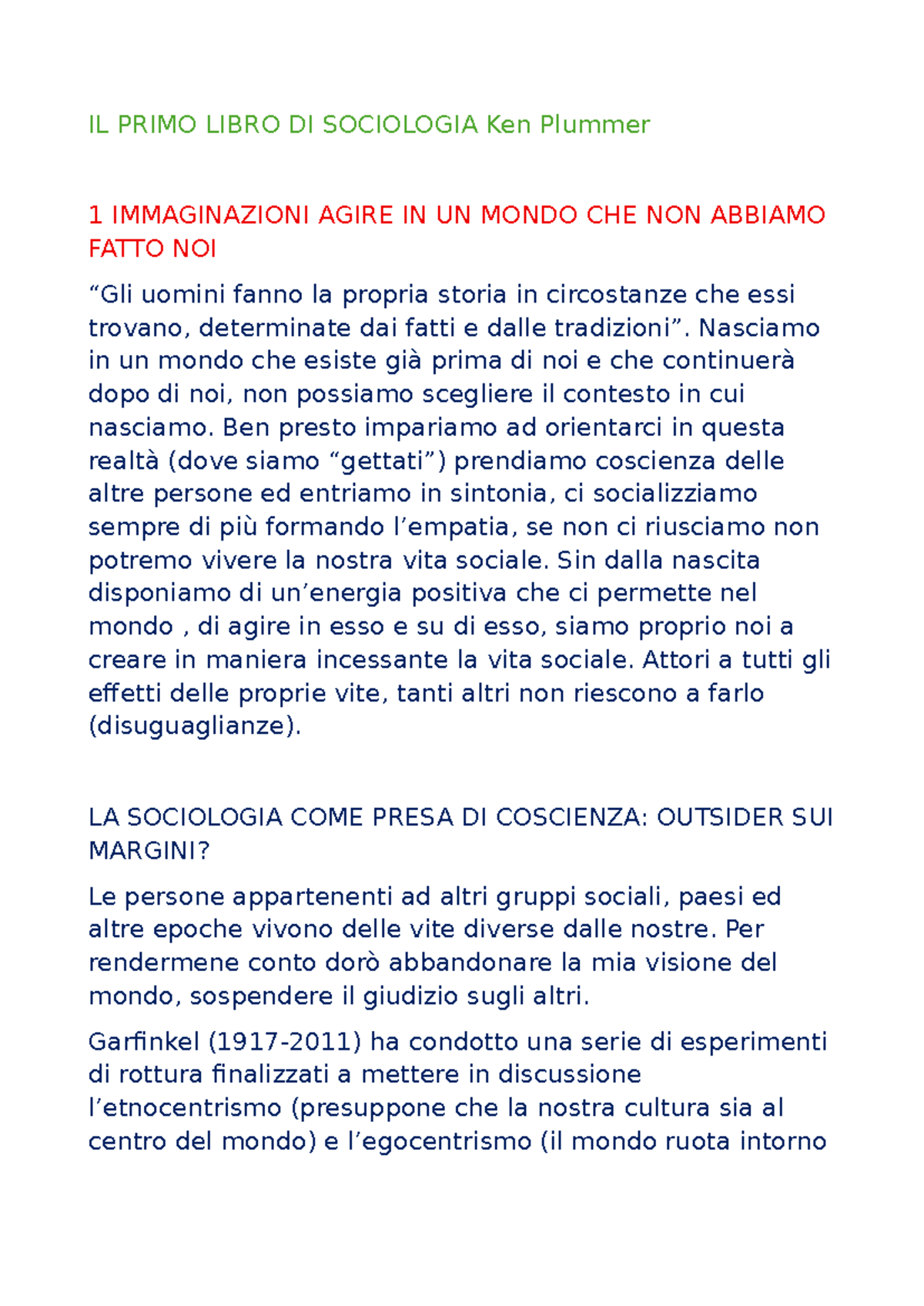 Appunti di Sociologia: Riassunto del Libro di Ken Plummer 1 - Studocu