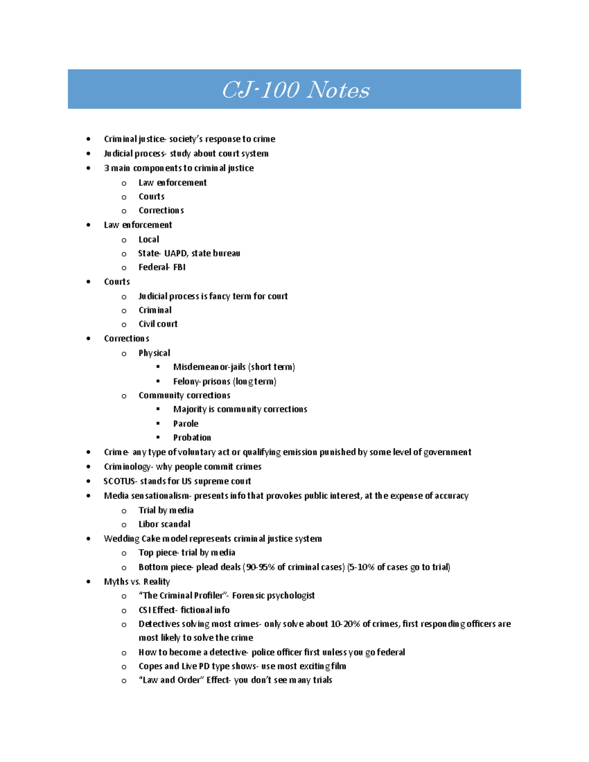 CJ 100 Test 1 Study Notes: Key Concepts in Criminal Justice - Studocu