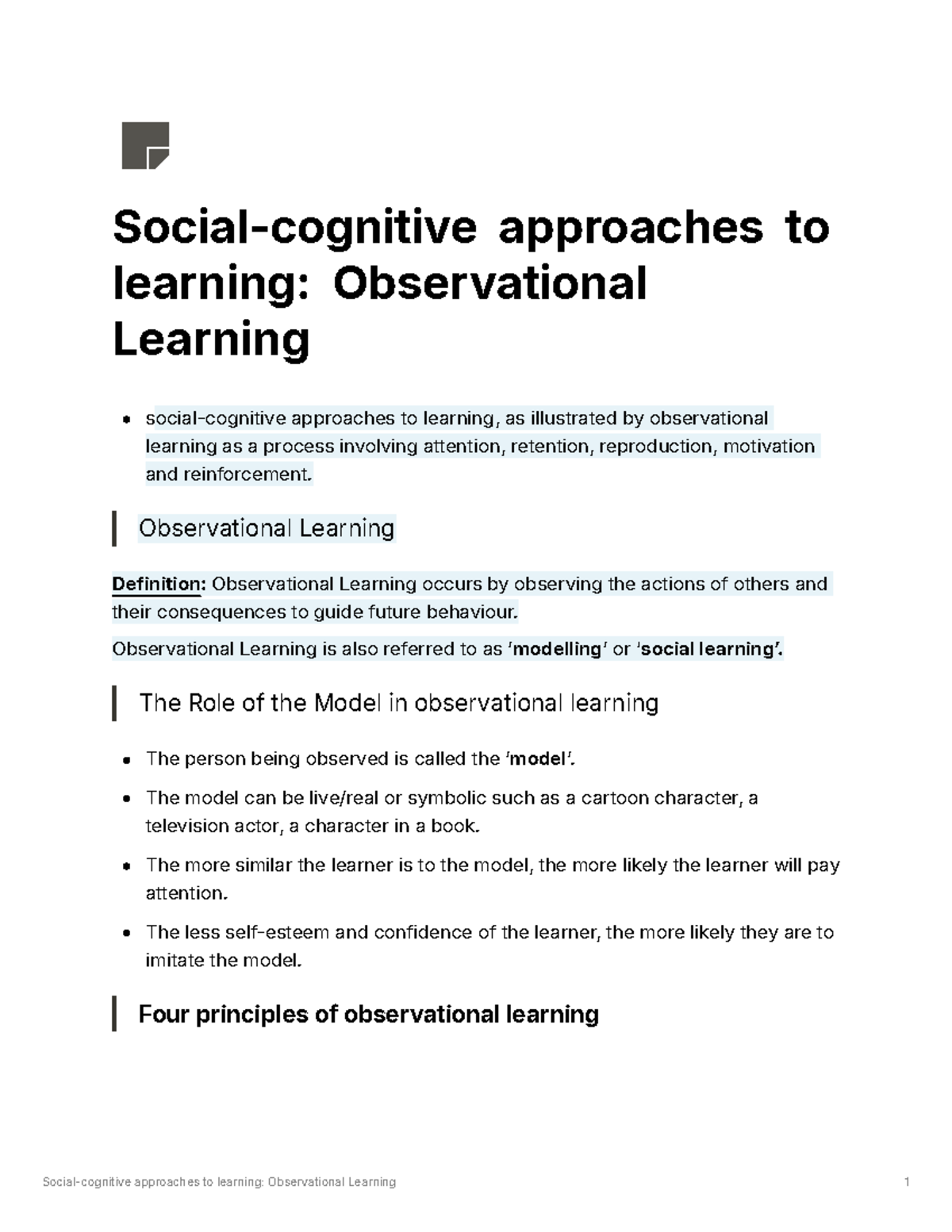 Psychnotes 2 - Social-cognitive approaches to learning: Observational ...