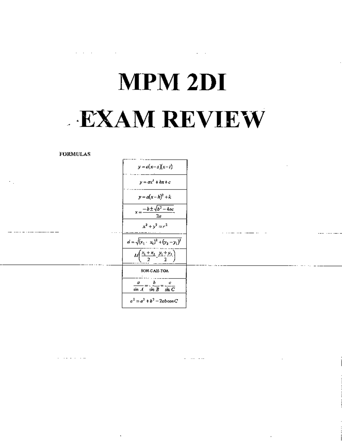 MPM 2DI Grade 10 Exam Review: Key Formulas and Concepts - Studocu