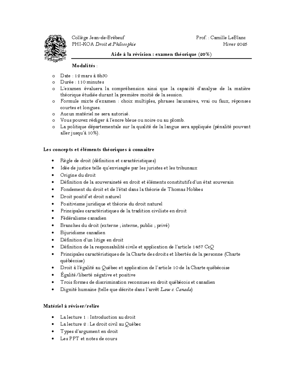 Aide à la Révision : Examen Théorique Droit et Philosophie H25 - Studocu
