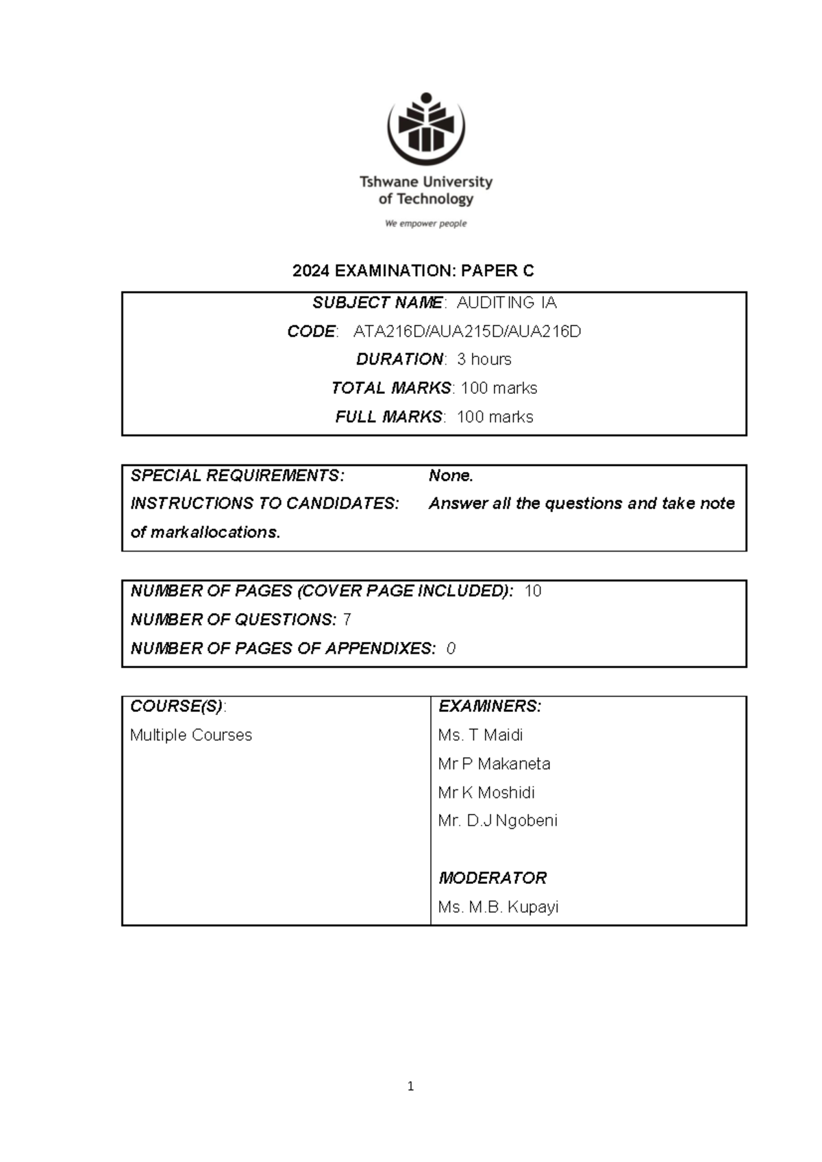2024 ATA216D Auditing IA Final Exam Paper C - Studocu
