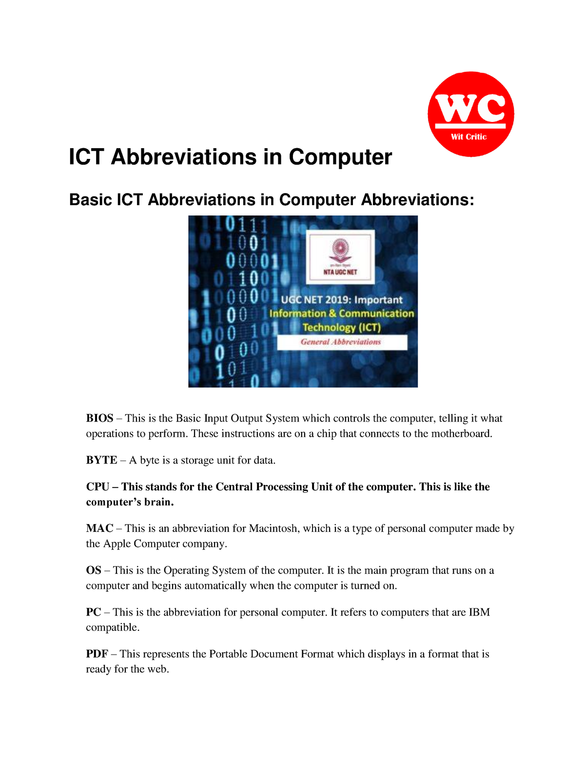 What Does The Acronym Ict Stand For