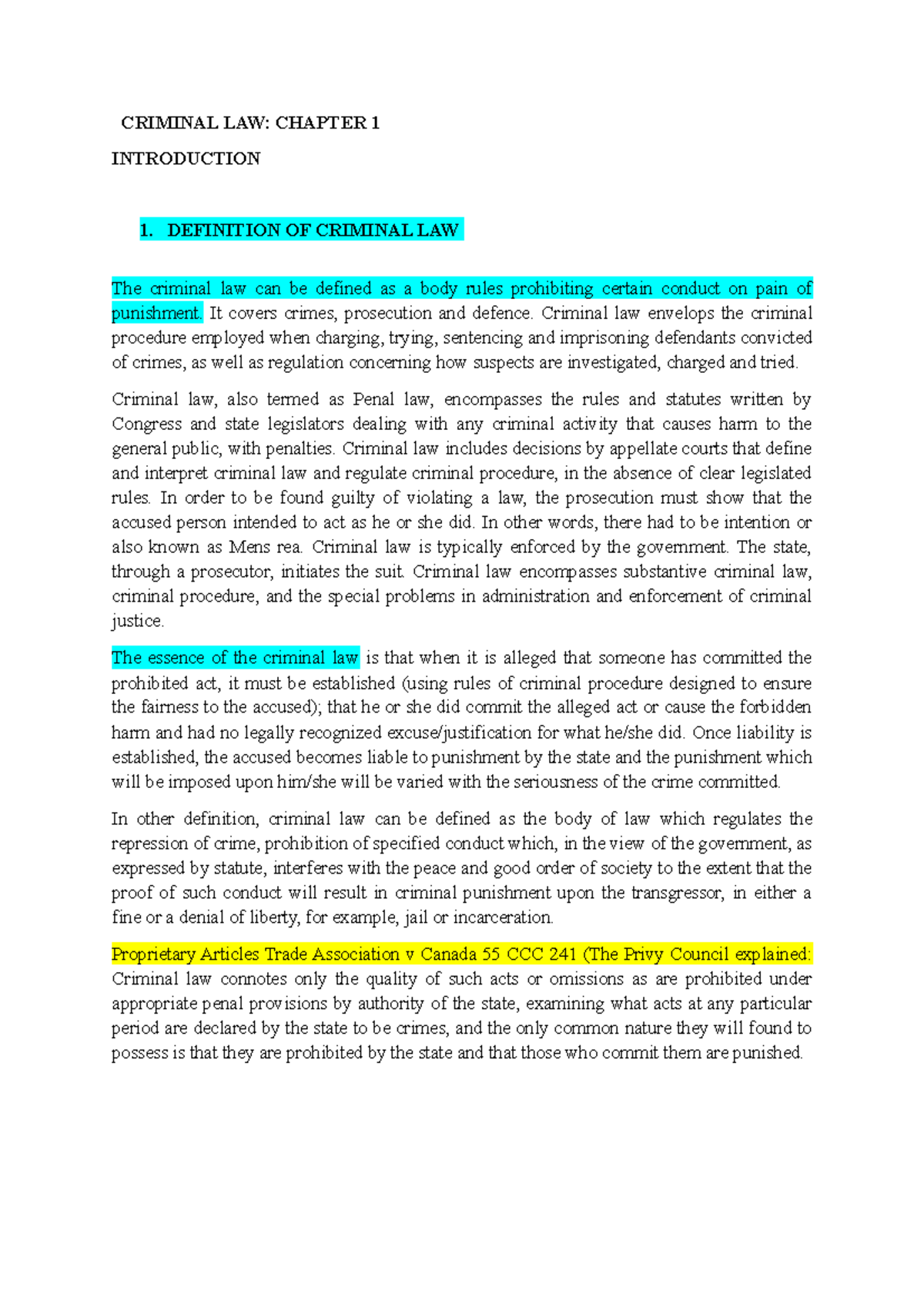 Criminal Law Chapter 1 Notes: Key Concepts and Definitions - Studocu