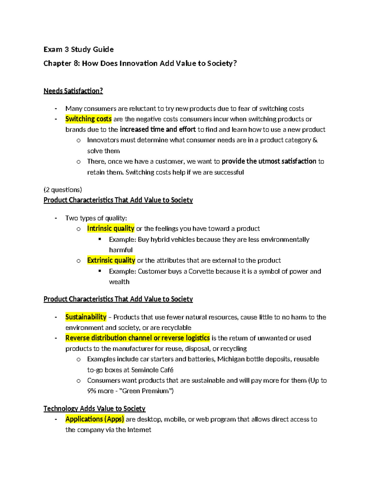 Exam 3 Study Guide: Innovation's Value to Society - Course Code - Exam ...