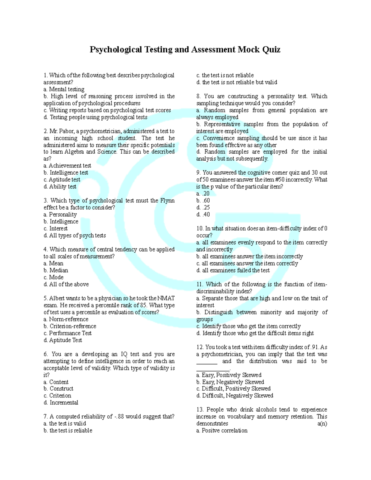 Psychological Testing and Assessment MOCK QUIZ for Review - Studocu