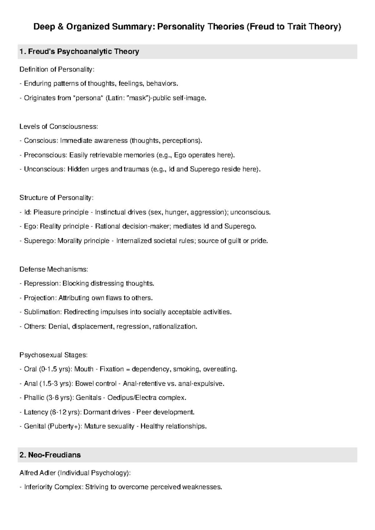 Personality Theories Summary: From Freud to Trait Theory Insights - Studocu