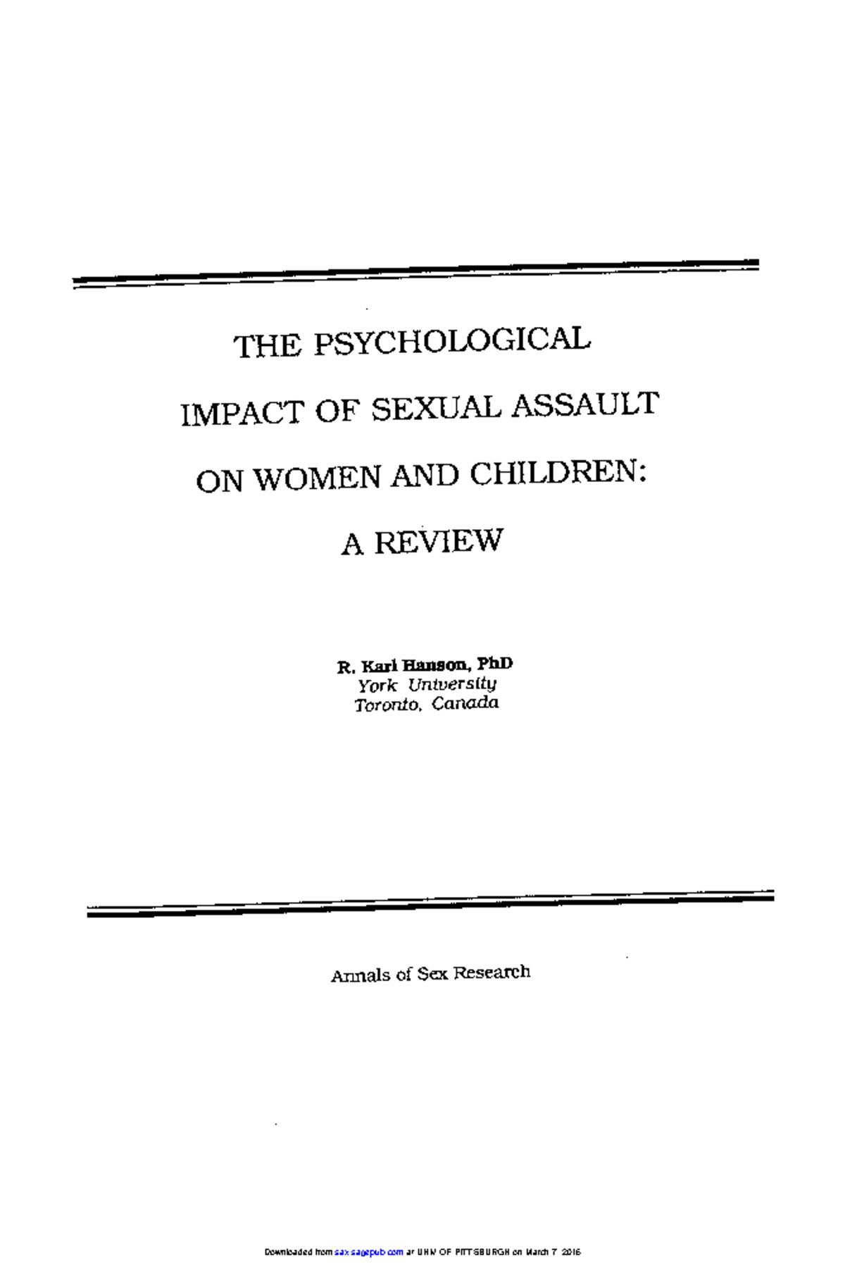 Psychological Impact of Sexual Assault on Women & Children: A Review ...