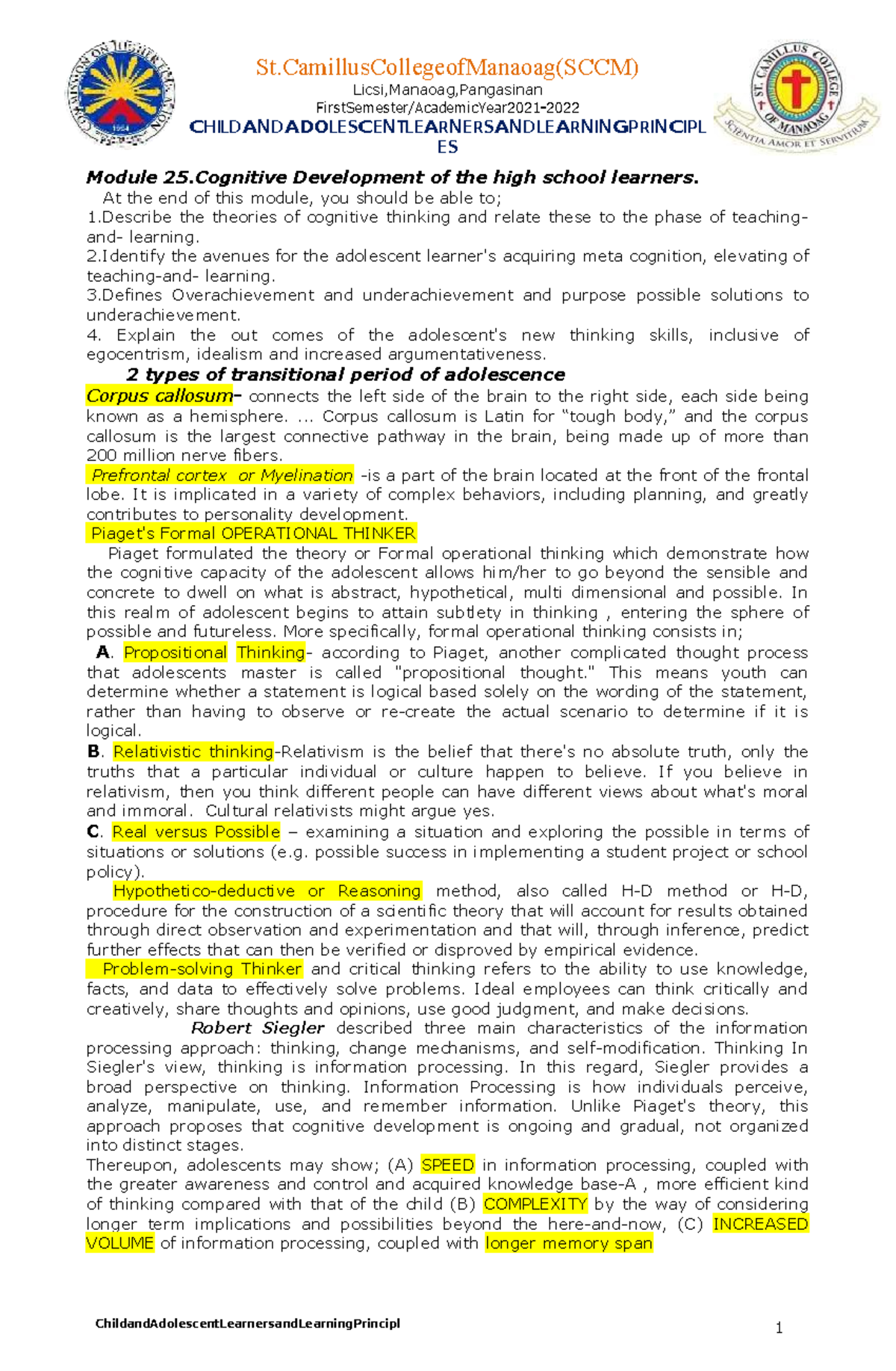 SCCM Module 25: Cognitive Development in High School Learners - Studocu