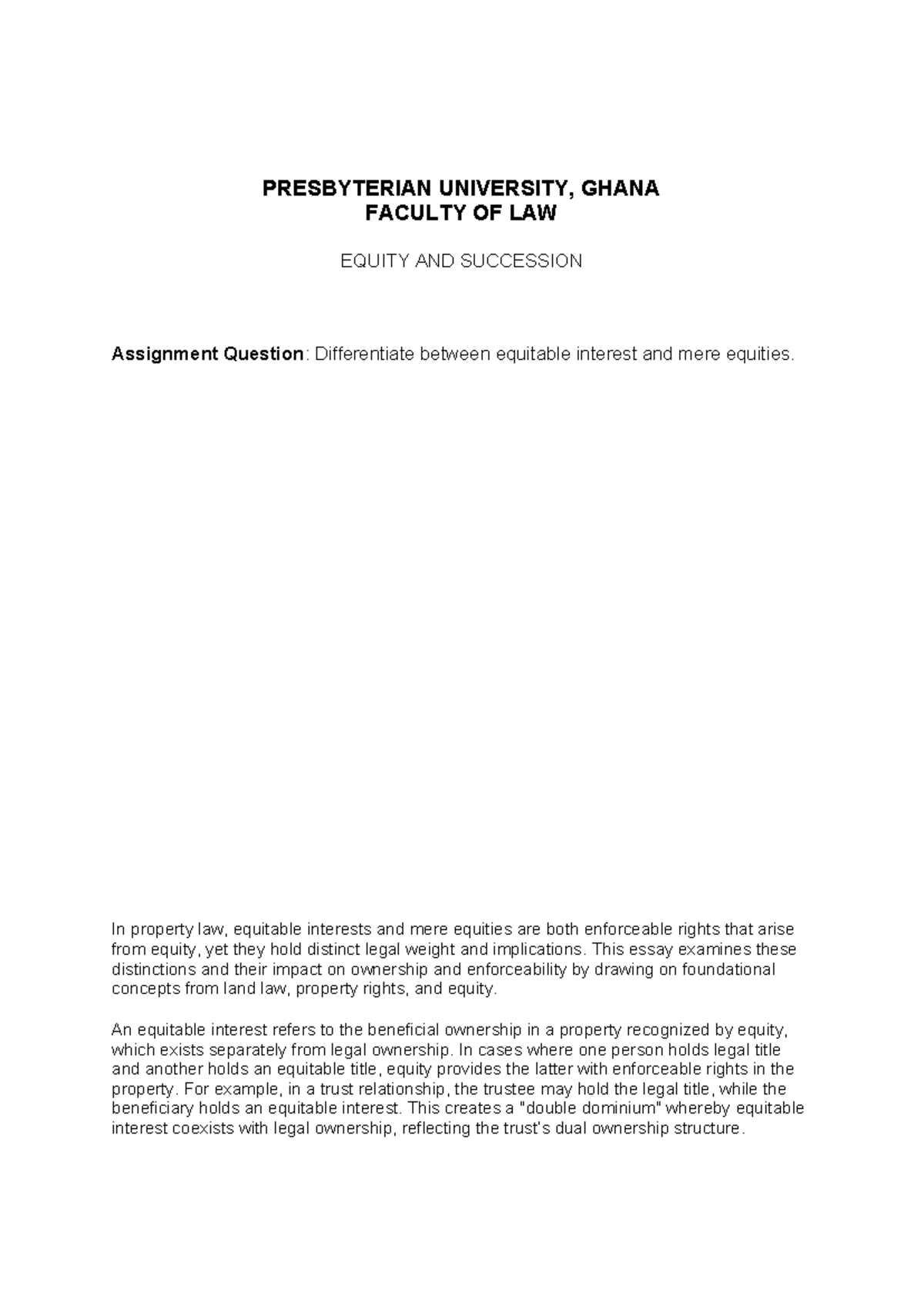 Equity and Succession Assignment 2: Distinguishing Equitable Interests ...