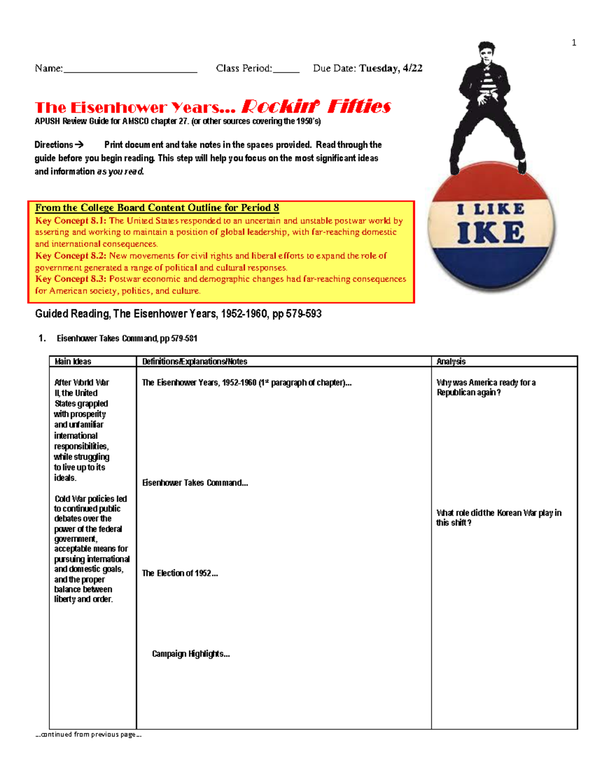 APUSH Review Guide: The Eisenhower Fifties (AMSCO Ch. 27) - Studocu