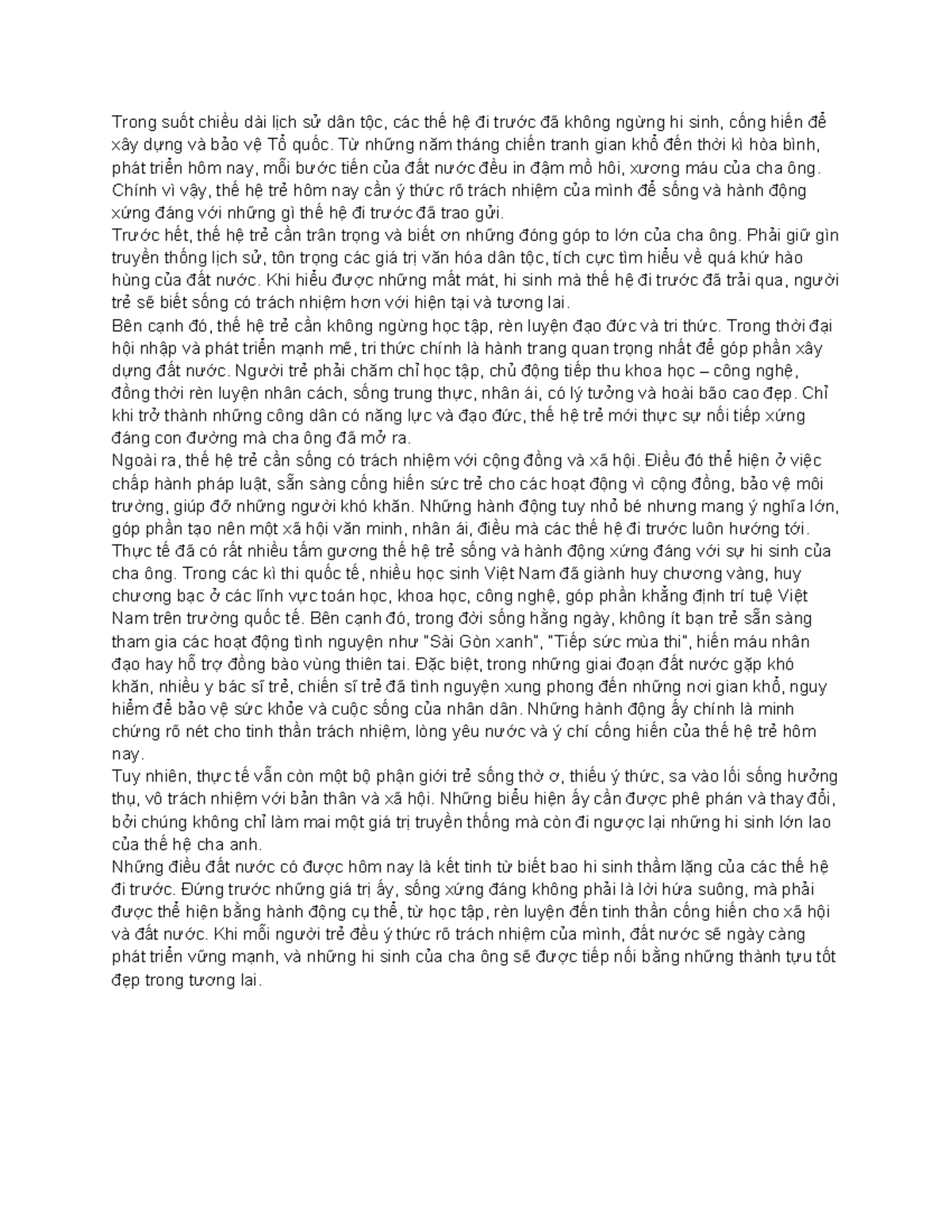 Văn học thêm - Trách nhiệm của thế hệ trẻ với Tổ quốc - Studocu
