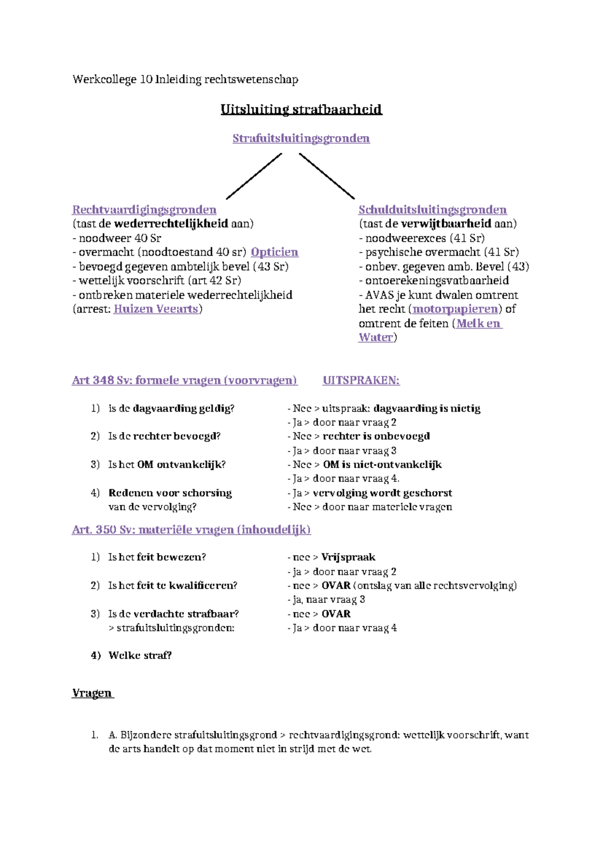 Werkcollege 10: Uitsluiting Strafbaarheid in Inleiding Rechtswetenschap ...