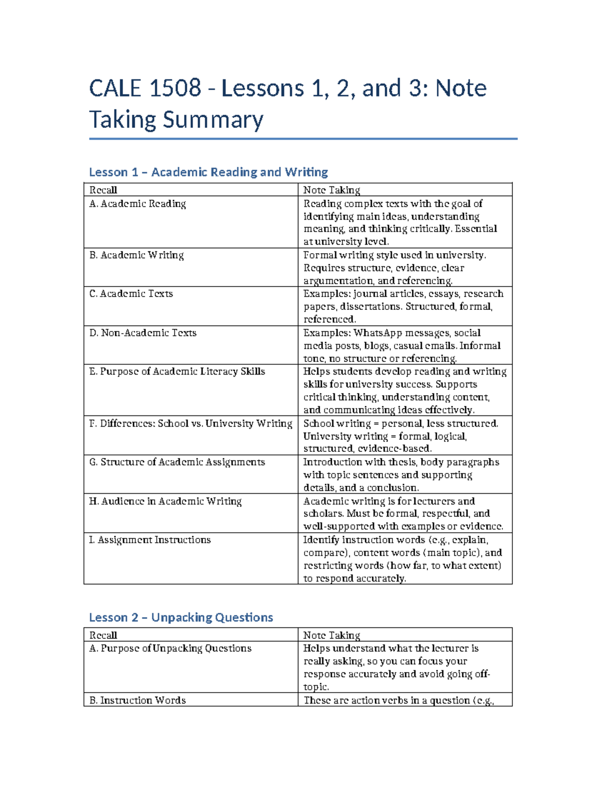CALE 1508 Lesson 1-3: Academic Reading & Writing Note Taking Guide ...