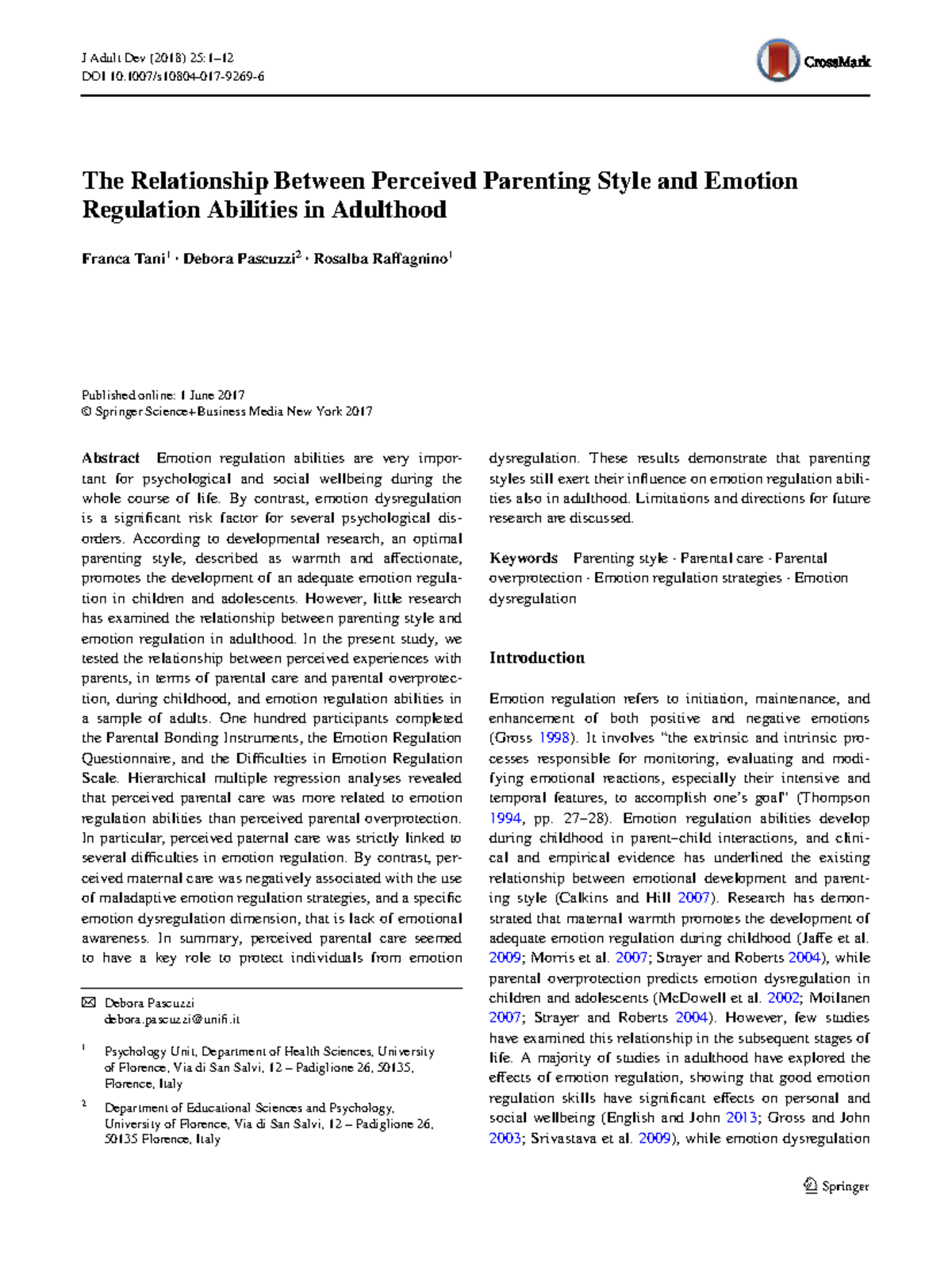 Perceived Parenting Styles and Emotion Regulation in Adulthood - Studocu